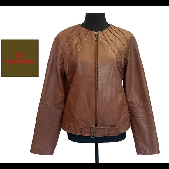 DANIER Brown leather moto jacket size XS - Picture 1 of 12